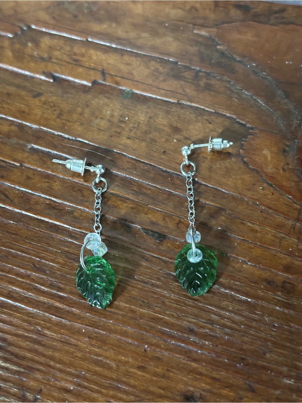 Green Leaf Dangle Earrings - Silver Tone